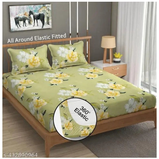 Ravishing Cotton Blended Floral Printed King Size Elastic Fitted Bedsheet with 2 Pillow Covers