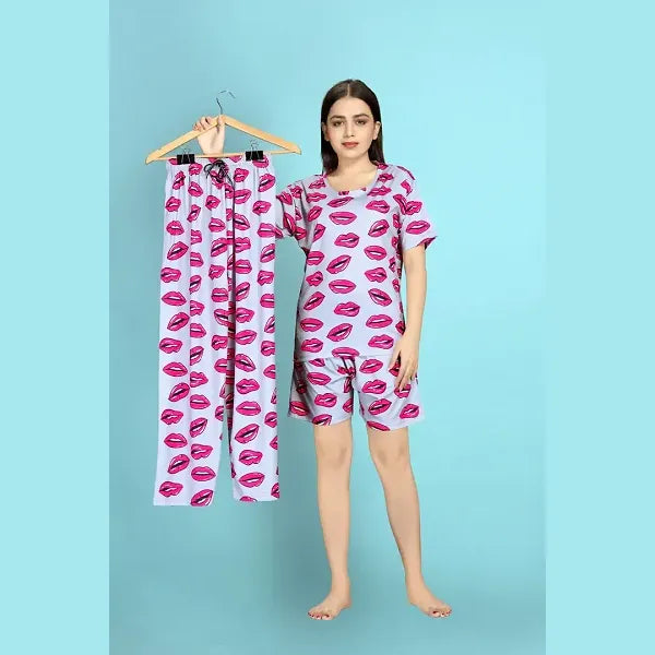 Amazing Printed Nightwear with Top Shorts And Pyjama