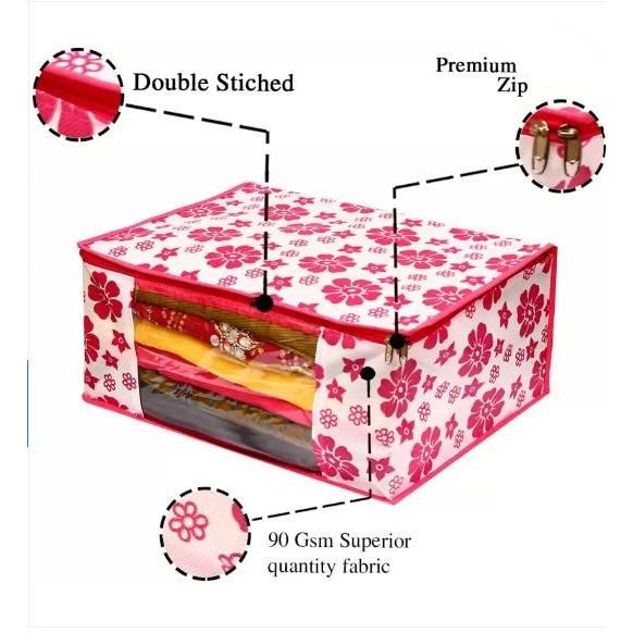 Polka Pink Flower Design Pack Of 3 Non Woven Fabric Saree Cover Clothes Small Travel Bag