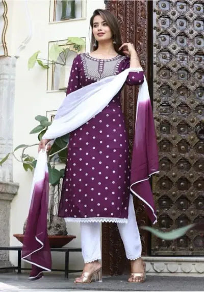 Unique Rayon Printed Kurta Bottom Dupatta Set