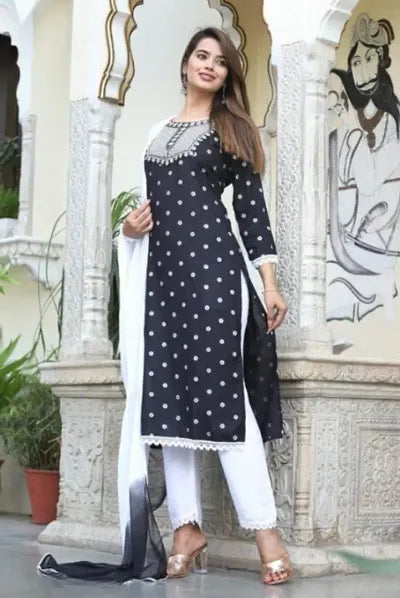 Unique Rayon Printed Kurta Bottom Dupatta Set