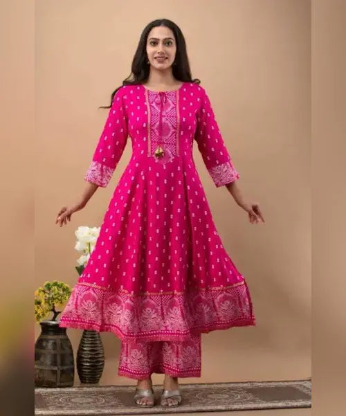 Festive Wear Anarkali Rayon Kurta Bottom Dupatta Set