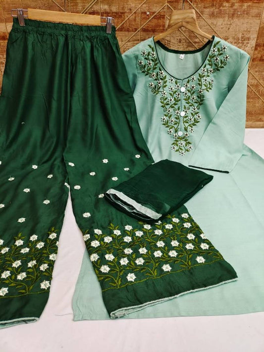 Exclusive Rayon Embroidered Kurta Bottom Dupatta Set