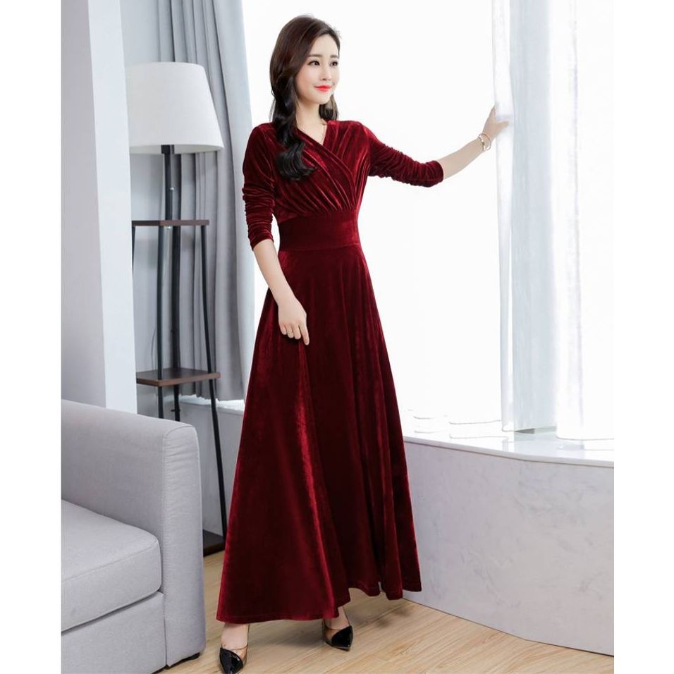 Classy Solid Long Velvet Dress