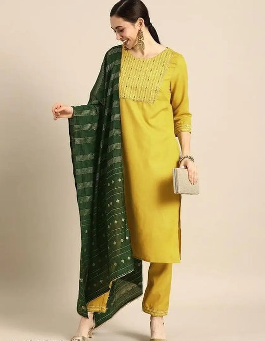 Attractive Cotton Blend Kurta Bottom Dupatta Set