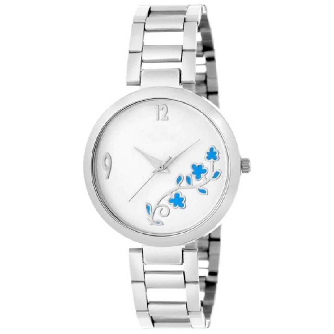 White Flower Dial Metal Women's Watch