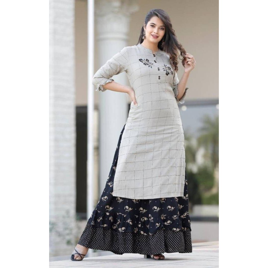 Trendy Rayon Checked Kurta with Printed Skirt